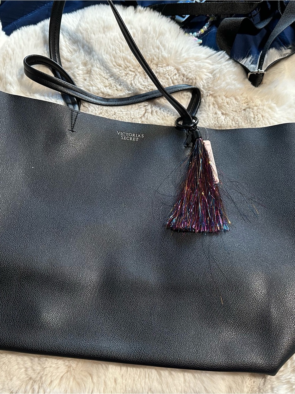 Victoria's Secret Black Tote with Iridescent Tassel Accent NWT